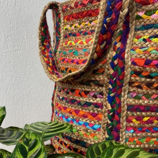Multi-Coloured Jute and Cotton Fair Trade Large Storage Bag. GoodWeave Label